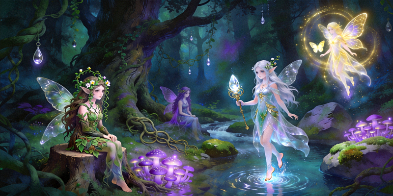 爱尔兰神话中的精灵插图，展示了各种不同类型的精灵角色在神秘森林中的场景