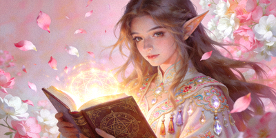艾琳，一个身穿华丽长袍，手持魔法书的美丽精灵，周围环绕着花瓣