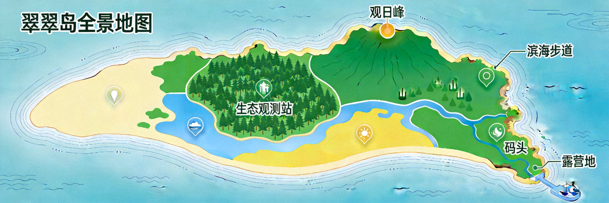 翡翠岛全景地图，展示各个区域和重要地点
