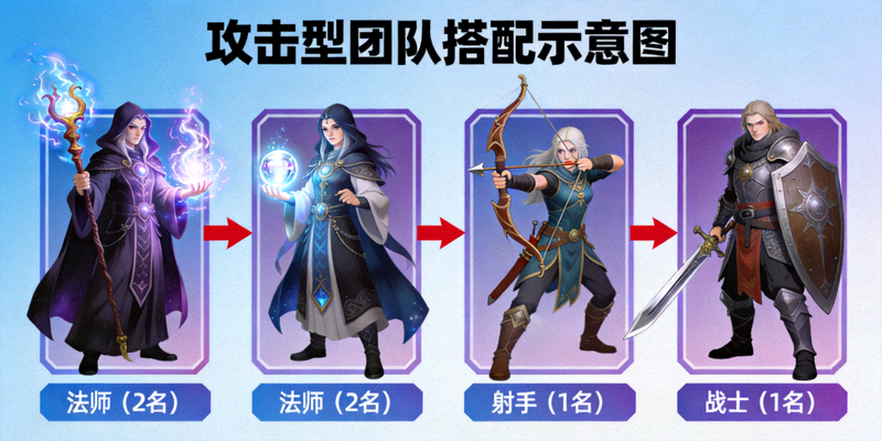 攻击型团队搭配示意图，展示了两名法师、一名射手和一名战士的组合