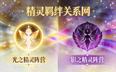 精灵羁绊关系网展示光之精灵与影之精灵阵营关联的界面图