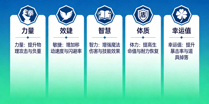 精灵属性图表，展示了力量、敏捷、智力、体力和幸运值的图标及其影响