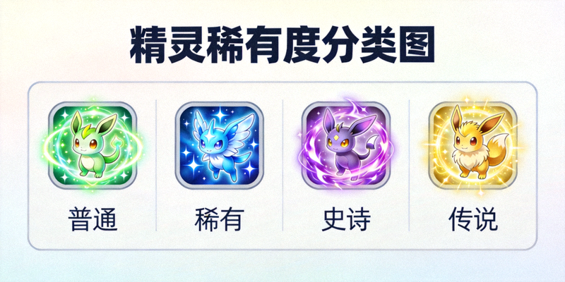 精灵稀有度分类图，展示了普通、稀有、史诗和传说四种稀有度的精灵图标