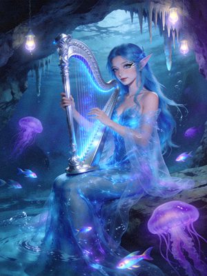 深渊歌者莉瑞恩角色立绘，蓝发精灵女性手持竖琴身处水下洞穴的唯美画面