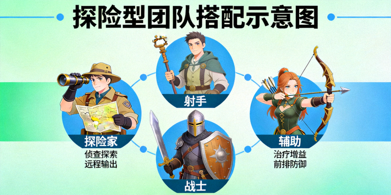 探险型团队搭配示意图，展示了探险家、射手、辅助和战士的组合
