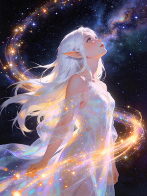 星语者艾丝翠角色立绘，白发精灵女性仰望星空周围环绕星光的梦幻场景