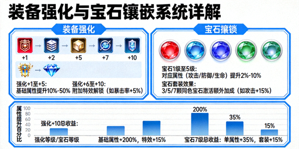 装备强化与宝石镶嵌系统详解图，标注各阶段收益对比