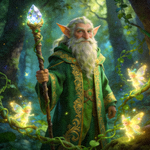 爱尔兰精灵游戏中的雷普瑞精灵形象，身着绿色长袍，手持魔法权杖